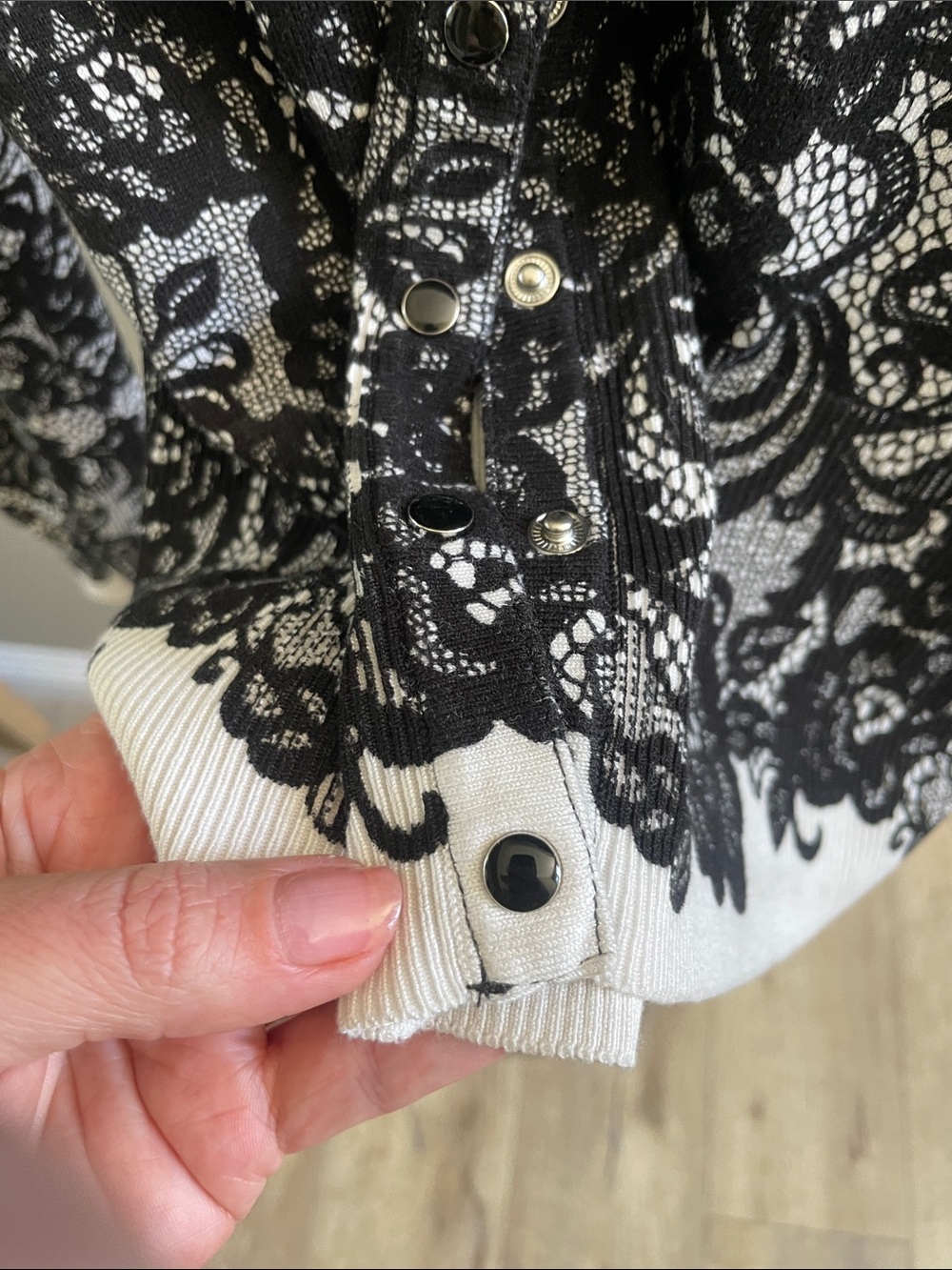 White House Black Market Black & White Lace-Overlay Button Front Top - Picture 7 of 10